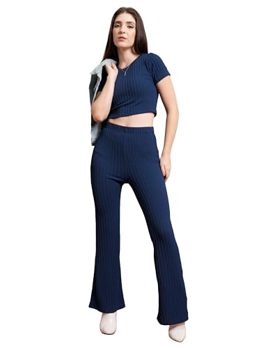 Image of Tokyo Talkies Women's Chic Crop Top & Drawstring Trousers Co-ord Set | Cap Sleeves | Stylish | Perfect for Casual Outings & Vacations