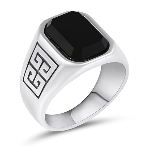 Men's Stainless Steel Ring with Black Agate Stone,Textured Band Design