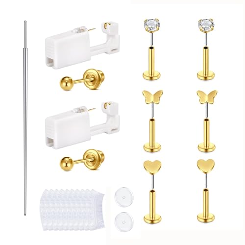 QWALIT Ear Piercing Kit Gold Ear Piercing Gun Kit Self Piercing Earrings Piercing Kit Disposable Earring Gun Piercing Kit with Gold Earring Stud Flat Back Self Helix Cartilage Ear Piercing Kit at Home
