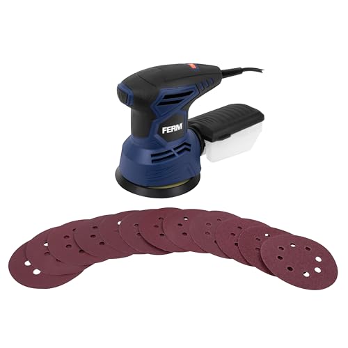 FERM Lijadora Excéntrica 300W 125mm – Velocidad Variable 6000-13000 rpm – Con Aspiración de Polvo y 12 Lijas Incluidas