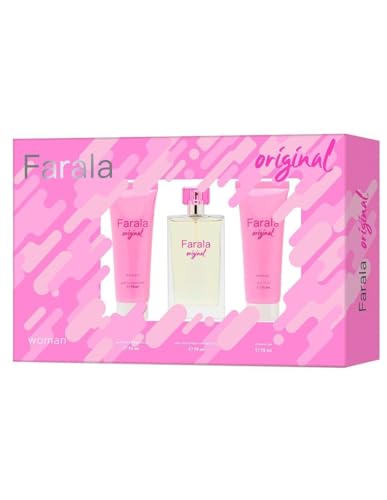 FARALA - Original, Estuche de Regalo Mujer, Colonia 75 ml + Gel de Baño 75 ml + Loción Corporal 75 ml, Pack 3 Piezas, Eau de Toilette Femenina, Aroma Floral Especiado, Fragancia Fresca y Duradera