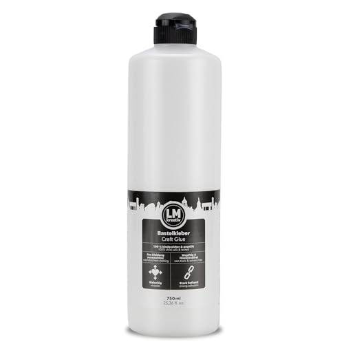LM-Kreativ Bastelkleber 750 ml – weißer Bastelleim für Papier, Holz, Filz, Pappe, Textilien, Styropor – starker PVAC Bastel-Kleber – vielseitig einsetzbar – flüssig – mit Dosierspitze