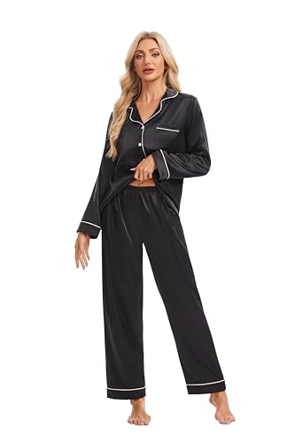 Devirld Women's Classic Long Sleeve Satin Pajamas Set Button Down Silky Sleepwear 2 Piece Lounge Set Pj Set with Notch Collar Black - image 3