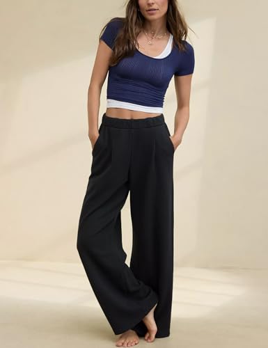 HeSaYep Women's Wide Leg Sweatpants Baggy Straight Leg Sweat Pants Elastic High Waisted Loose Pants with Pockets4