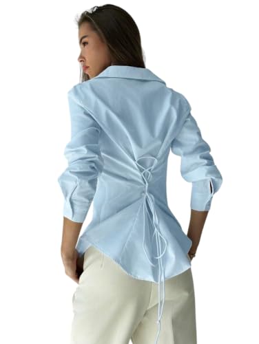 Image of OOMPH! Women Solid Cotton Shirt with Back Tie-Up Detail | Corset Style | Cinched Waist Shirt | Cotton Formal Shirt