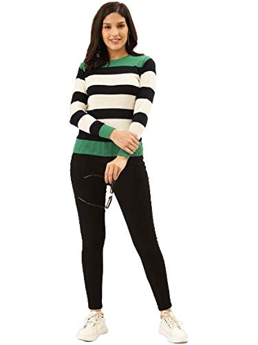 Image of Style Quotient Women's Green Striped Regular Sweaters