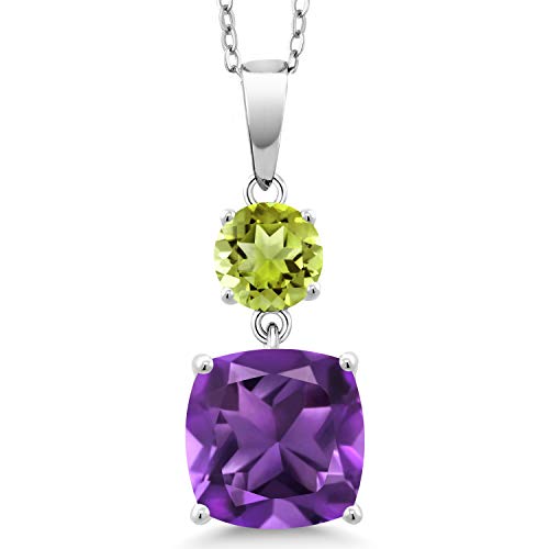 Gem Stone King 925 Sterling Silver Purple Amethyst and Green Peridot Pendant Necklace For Women (4.00 Cttw, Gemstone Birthstone, Cushion 10MM, with 18 Inch Silver Chain)