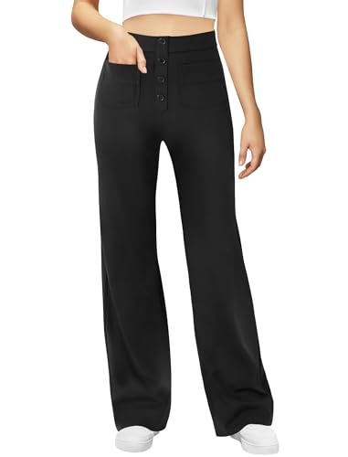 Women's High Waisted Button Multiple Pockets Work Pants, Straight Leg Casual Stretchy Business Trousers