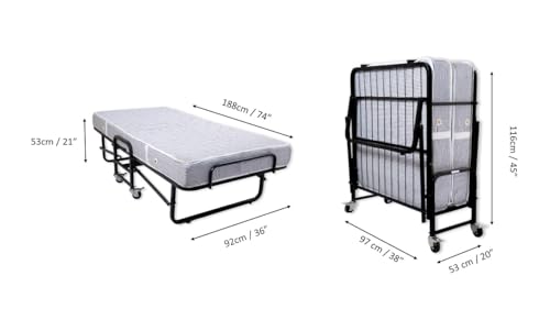Image of BLUMUNO Shaurya Foldable Rollaway Bed with 6-Inch Spring Mattress | Folding Single Cot with Lockable Wheels | Space Saving Extra Guest Bed for Hotels, Hostels & PG's, Home, Airbnbs I Quilted Fabric