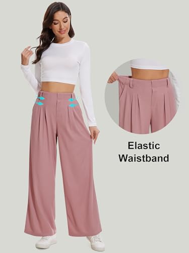 AVAMO High Waisted Slacks for Women Elastic Business Casual Pants Stretchy Work Pants with Pockets Wide Leg Waffle Pink S2