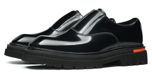Santimon Men's Slip-On Shoes Dress Casual Loafers with Chunky Sole - Glossy Genuine Leather Platform Mocasines for Prom Wedding Business Party