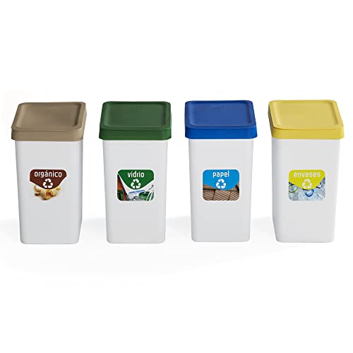 USE FAMILY Lote 4 Papeleras Reciclaje 12L Recycle. Reciclaje Vidrio, Papel, Envases y Orgánico. Pegatinas Reciclaje Incluidas. Cubos Basura Ecológico Plástico Reciclable Cover