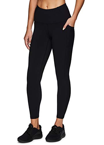 RBX Active Women's Full Length High Waist Ribbed Working Running Yoga Leggings with Pockets Ribbed Black L