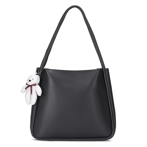 Image of SIJJEEL Women's Handbag Synthetic Leather Shoulder Bag with Bear Charm Tote One Size Women's Shoulder Bag Faux Leather Tote