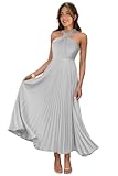 DRIEoue Halter Bridesmaid Dresses for Women 2026 Long Satin Side Slit Silver Evening Dress A Line Pleated Formal Party Dress US00
