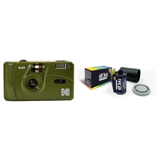 KODAK M35 DA00254 - Cámara Recargable 35mm, Lente Gran Angular Fija, Visor Óptico, Flash Integrado, Pila AAA – Verde Oliva + GT Photo Película de Color Retro 35mm - 24 Fotos