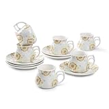 GuangYang 12 pieces Expresso Cups and Saucers for 6 People,2 oz Turkish Coffee Cup set of 6,Lucky Floral Pattern,Good Gift Set