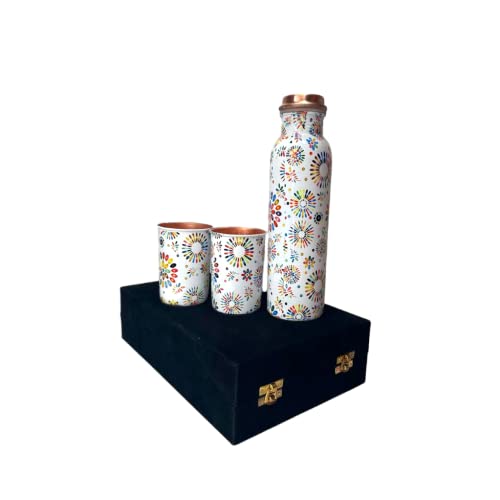 Image of Copper Water Bottle 1 Ltr | Copper Water Bottle with Glass Set | Meena Work | 100% Pure | Leak-Proof | 2 Water Glass 300ml each | Best for Gifting ((Balloon Design))