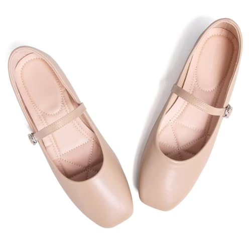 Stunner Ballet Flats for Women Women's Mary Jane Shoes Square Toe Casual Flats Comfortable Ankle Strap Flat Shoes Apricot 40(7.5) 22