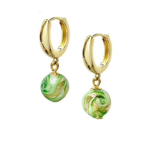 Murano Glass Style Dangle Earrings, Gold Huggie Hoops with Multicolor Glass Marble Beads, Elegant...