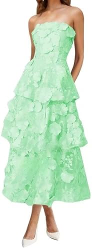 Hoepoly Tiered Ruffle Prom Dresses for Womens Strapless Evening Formal Party Gowns 3D Floral Embroidery Midi Wedding Guest Dress Mint Green 10