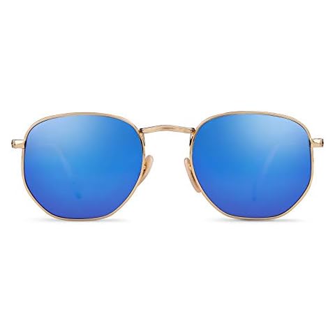 GIFIORE Polarized Hexagon Sunglasses for Women Men Polygon Small Square Sun Glasses UV400 Protection Metal Frame (Blue, Large) Cover