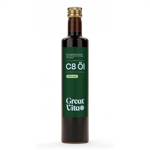 GreatVita C8-Öl, auf Kokosöl Basis 500 ml | Caprylsäure Fettsäuren | MCT Oil geschmacksneutral - Premium Qualität - Glas kann Variieren