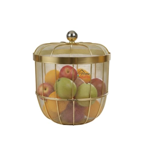 Image of Decorative Insect-Resistant Fruit and Vegetables Basket with Lid | Countertop Mesh (Jaali) Design Fruit Storage Basket for Kitchen, Dining Table, Living Room - Gold