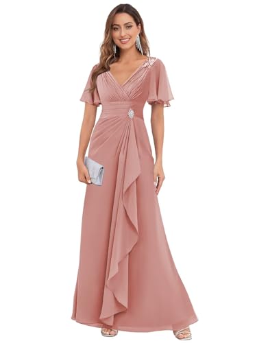 Women's V Neck Mother of The Bride Dresses for Wedding Chiffon Pleated Long Evening Formal Gown4