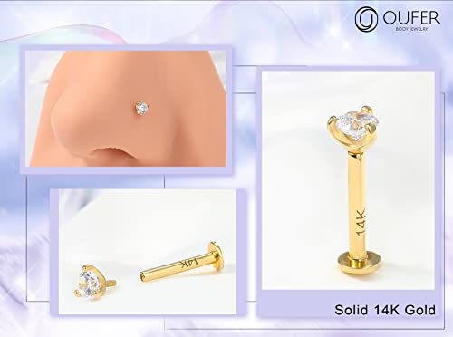 OUFER Lip Rings Stud, 16G 14K Solid Gold Internally Thread Lip Piercing Jewelry, Clear CZ Helix Tragus Conch Lobe Labret Piercing Jewelry 6