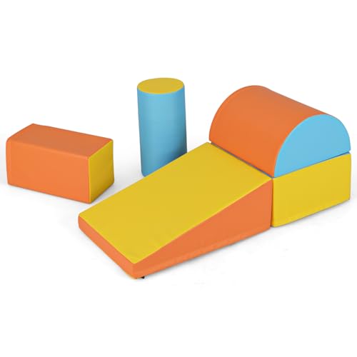 GOPLUS Bloques de Escalada de Espuma para Niños, Conjunto de Juego de Actividad para Trepar y Gatear de 5 Piezas con Cubierta de PU Impermeable Extraíble, Estructuras de Espuma (Azul y Amarillo)
