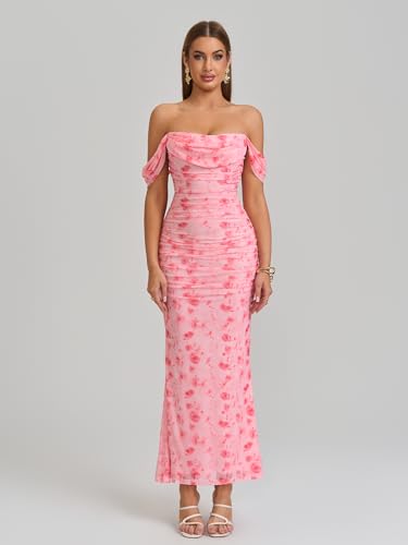 Image of KUTUMAI Off The Shoulder Maxi Long Dress Corset Ruched Bodycon Cocktail Formal Wedding Guest Dresses for Women