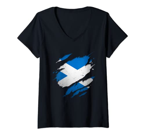 Camisas escocesas orgullosas | Bandera de Escocia rasgada Camiseta Cuello V
