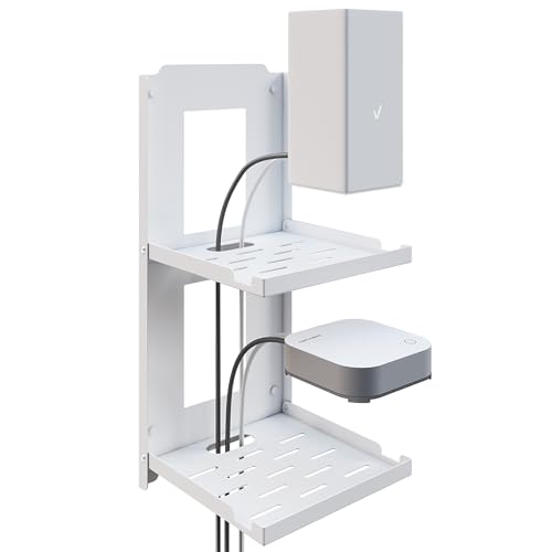 SKIKEN 2-Tier Small Router Shelf Wall Mount - 7.5 inch Folding Metal Outlet Shelf w/Cable Holes | Dual-Layer & Stackable Floating Organizer for WiFi Modem/Google Home/Speaker/Cameras (7.5 Wide)