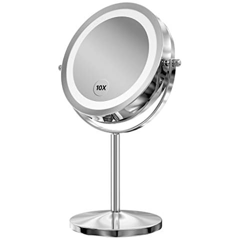 Gospire 10x Magnified Lighted Makeup Mirror Double Sided Round Magnifying Mirror Standing 360 Degree Swivel Vanity Mirror Battery Operated 7 Inch Diameter Shaving Bathroom Mirror Cover