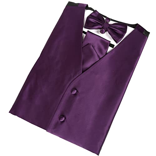 Image of Alizeal Mens Solid Satin Bow Tie Necktie Hanky Cufflinks Waistcoat Set | Elegant Pre-tied for Wedding and Garden Party