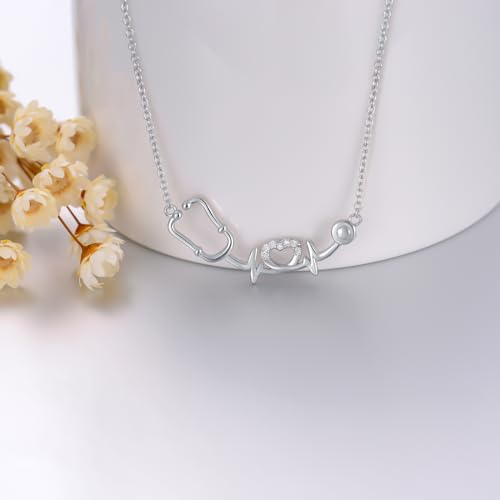 Diamond Stethoscope Necklace for Women 925 Sterling Silver Stethoscope Heartbeat Necklace Medical Jewelry Graduation Gifts for Nurse Doctor Medical Student2