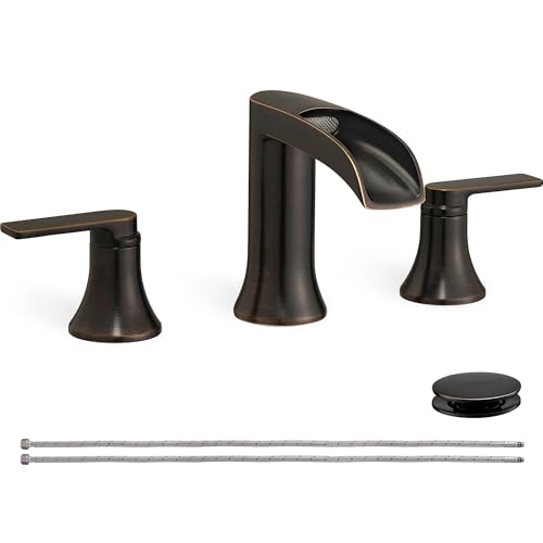 HOIGY Oil Rubbed Bronze Bathroom Sink Faucet Widespread 8 Inch Waterfall Faucet Bathroom 3 Hole with Pop-up Drain and cUPC Supply Lines 2 Handles for Vanity Restroom Farmhouse Brass Material
