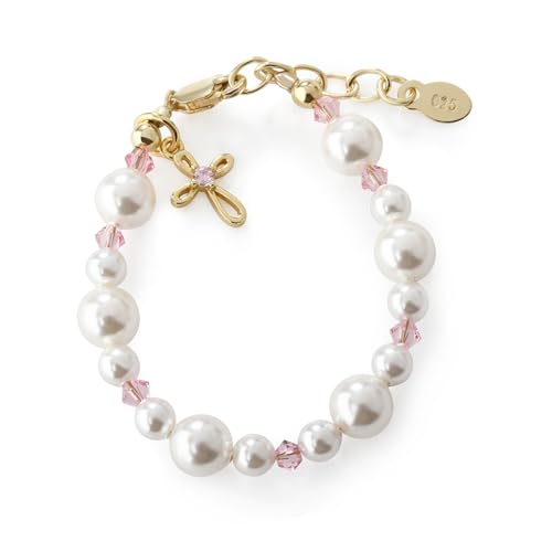 Cherished Moments Little Girls 14K Gold-Plated Pink Baptism Baby Bracelet with Cross and Simulated Pearls Christening Gift for Newborn Infants and Babies (SM)