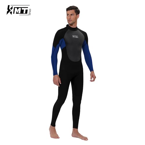 KMT Wetsuit for Men, Mens 3/2mm Wetsuits Full Ultraflex Wet Suits Back Zip Keep Warm in Cold Water High-Elasticity CR, Blue Large