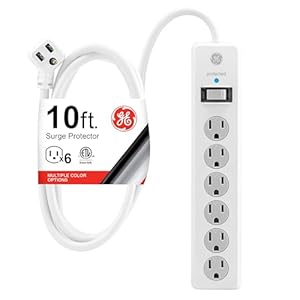 GE 6-Outlet Surge Protector, 10 Ft Extension Cord, Power Strip, 800 Joules, Flat Plug, Twist-to-Close Safety Covers, UL Listed, White, 14092