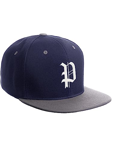 Daxton Classic Snapback Hat Old English Font Alphabet A to Z Flat Bill Visor Cap, Navy Light Grey Hat, White P