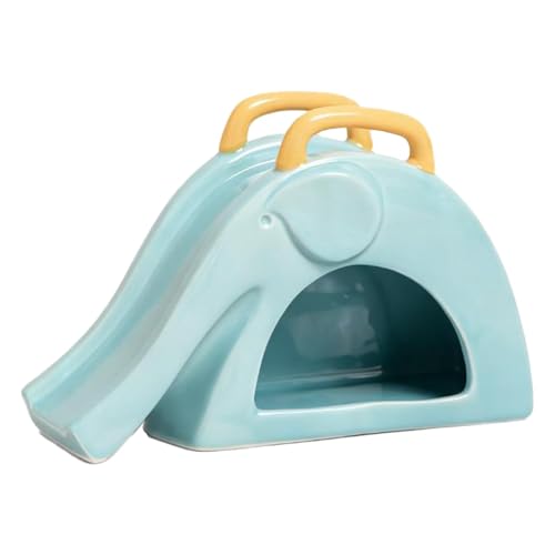 Jinhxofs ハムスターハウス セラミック素材 エレファントデザイン 隠れ家 滑り台付き アクティビティスペース 噛み防止 清掃簡単 インテリア ペットケージに適用, 青