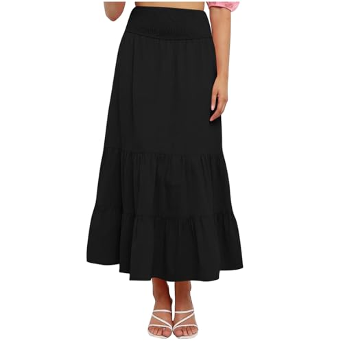 Women's Summer Comfy Tiered Skirts Elastic High Waisted A-Line Skirts Casual Beach Vacation Flowy Long Skirts