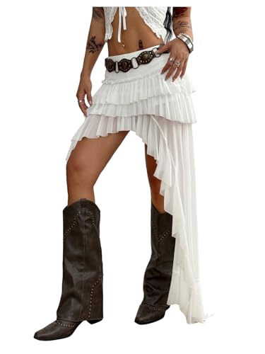 Verdusa Women's Boho Western Sheer Mesh Layered Ruffle Asymmetrical Maxi Skirts