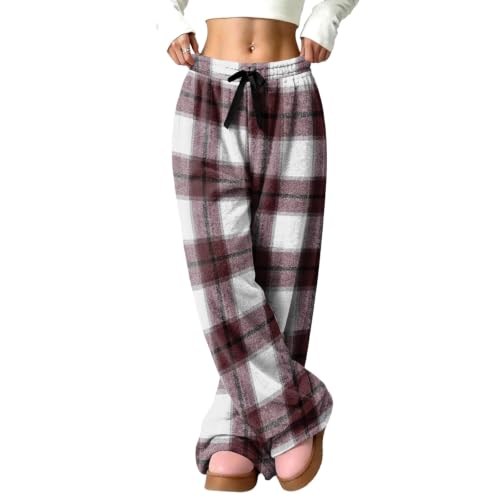 Women's Wide Leg Pants Elastic Waist Buffalo Plaid Flannel Fluffy Pant - image 5