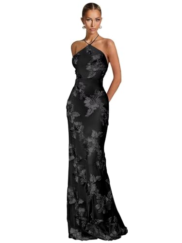 soiree blossom black floral embroidered mermaid maxi dress Zapaka Women Peacock Long Prom Dress with Appliques Mermaid Spaghetti Straps Sequins Formal Dress, Black / US16