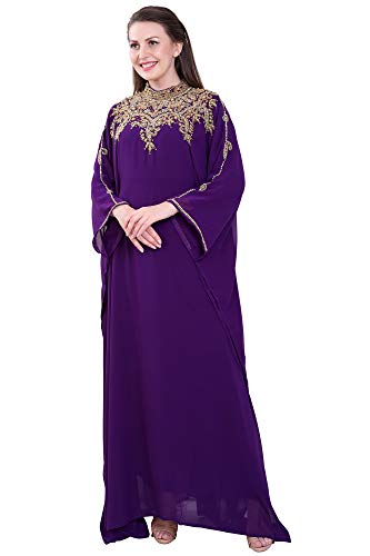 Vestido largo de caftán bordado Farasha para mujer, étnico, novia, noche, fiesta, vestido con bufanda gratis, sin tamaño, morado, Morado, Talla única Cover