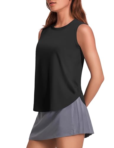 PINSPARK Womens Workout Tank Tops Sun Protection Gym Tanks with Side Slits Ice Silk Sleeveless Athletic Shirt Stretchy Yoga Top, Black Medium