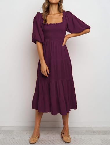 Image of R.Vivimos Women's Summer Cotton Lantern Sleeves Ruffled Off Shoulder A-Line Midi Dresses